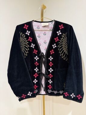 Embroidered Velvet Tie-Front Jacket in Navy
